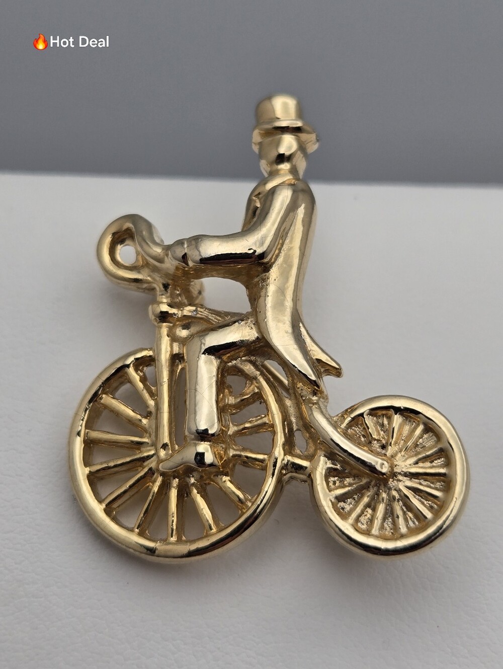 ✨2/$10✨ Gentleman Top Hat Penny Farthing Bicycle Brooch Gold Tone Pin 1.25"